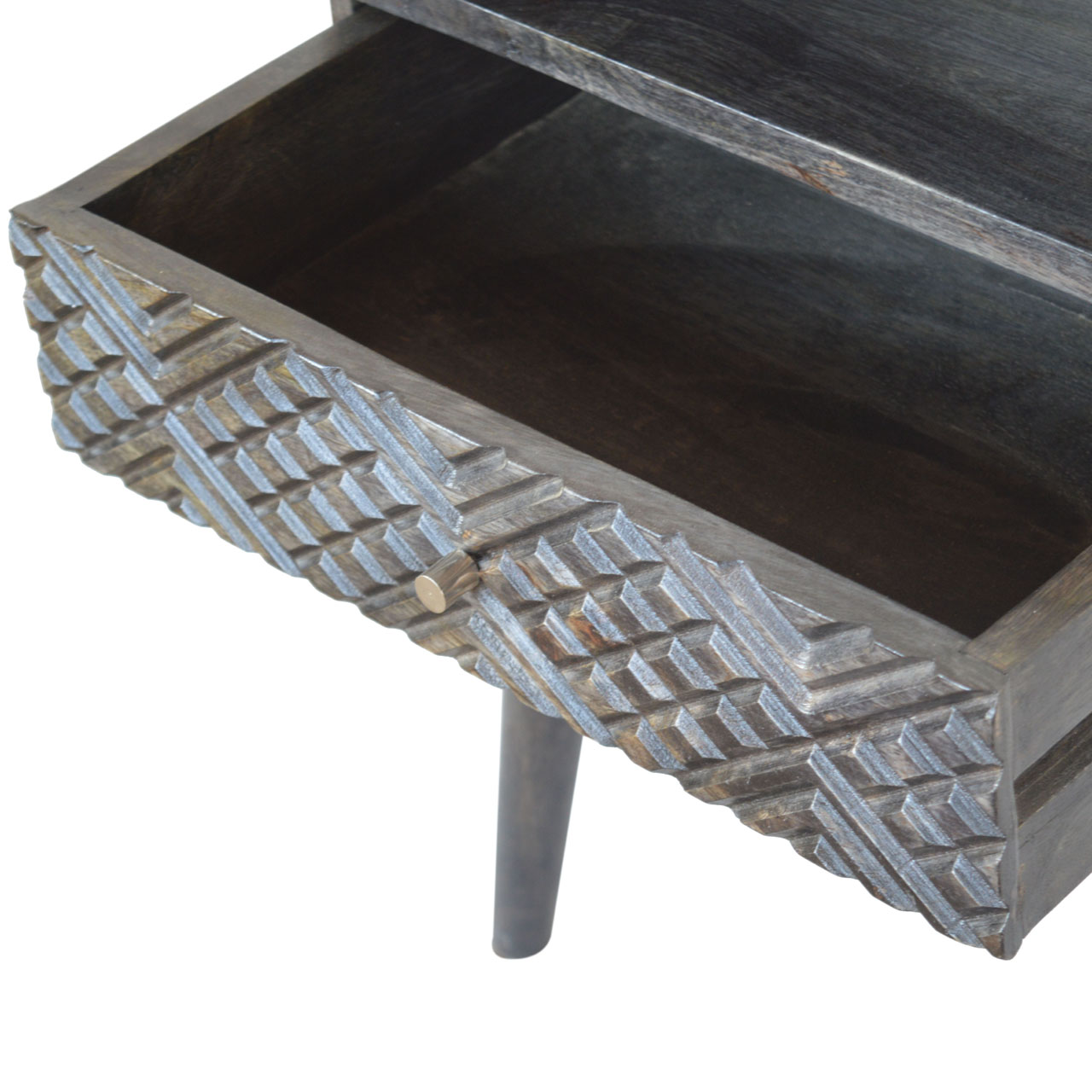 Solid Mango Wood Ash Black Finished 1 Drawer Carved Bedside - Image 6
