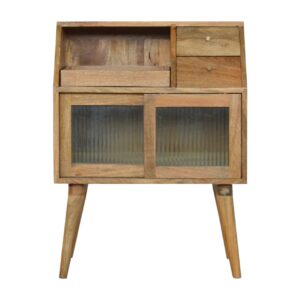Solid Mango Wood Oak Finished 3 Drawer 2 Glass Front Doors Bedside