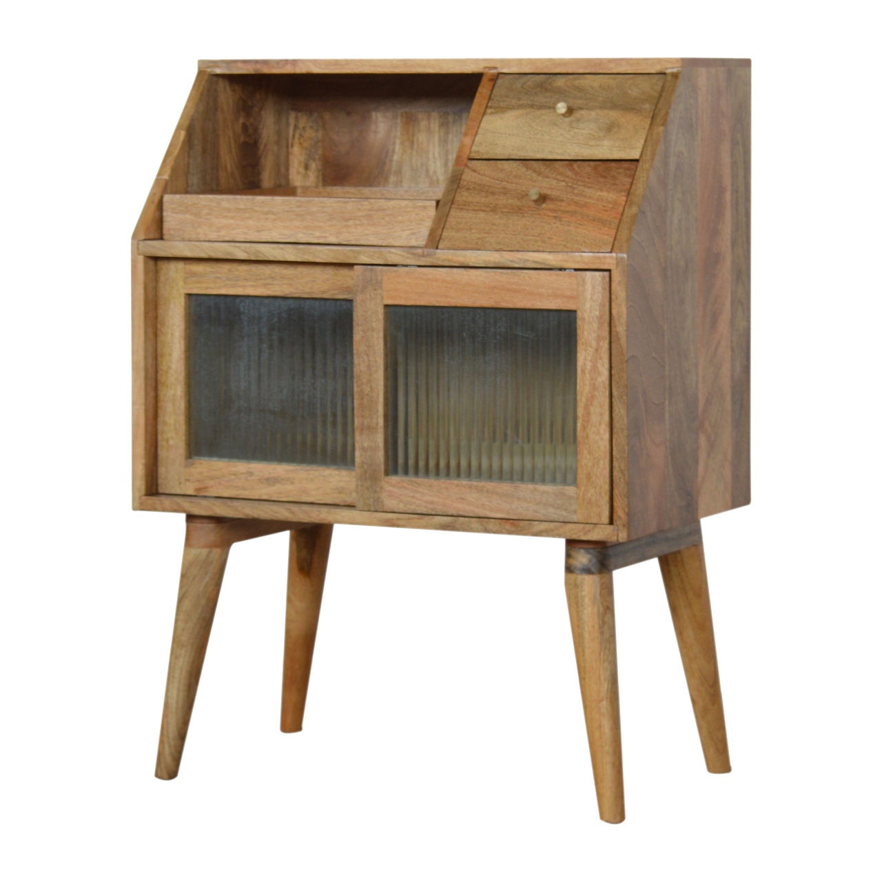 Solid Mango Wood Oak Finished 3 Drawer 2 Glass Front Doors Bedside - Image 2