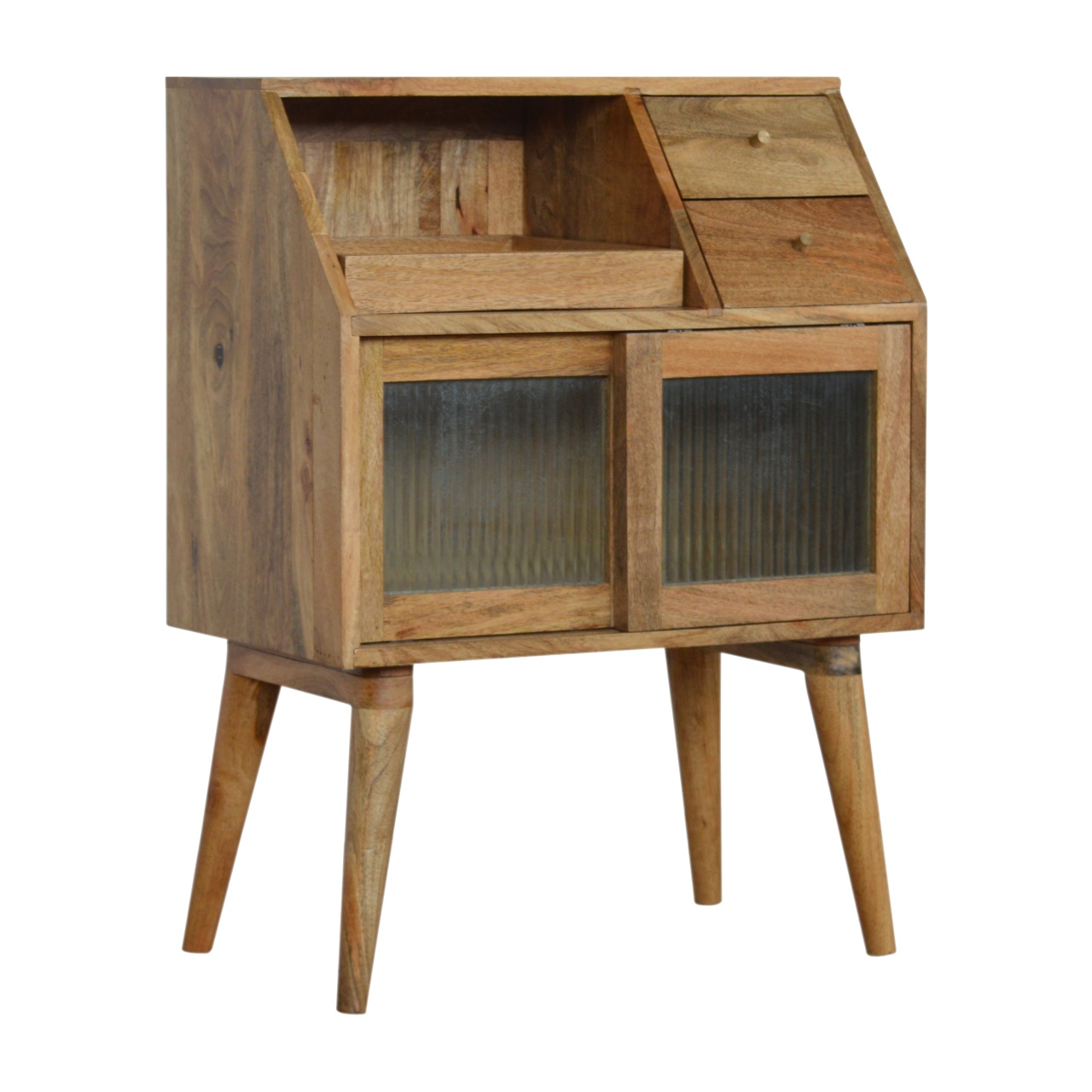 Solid Mango Wood Oak Finished 3 Drawer 2 Glass Front Doors Bedside - Image 3