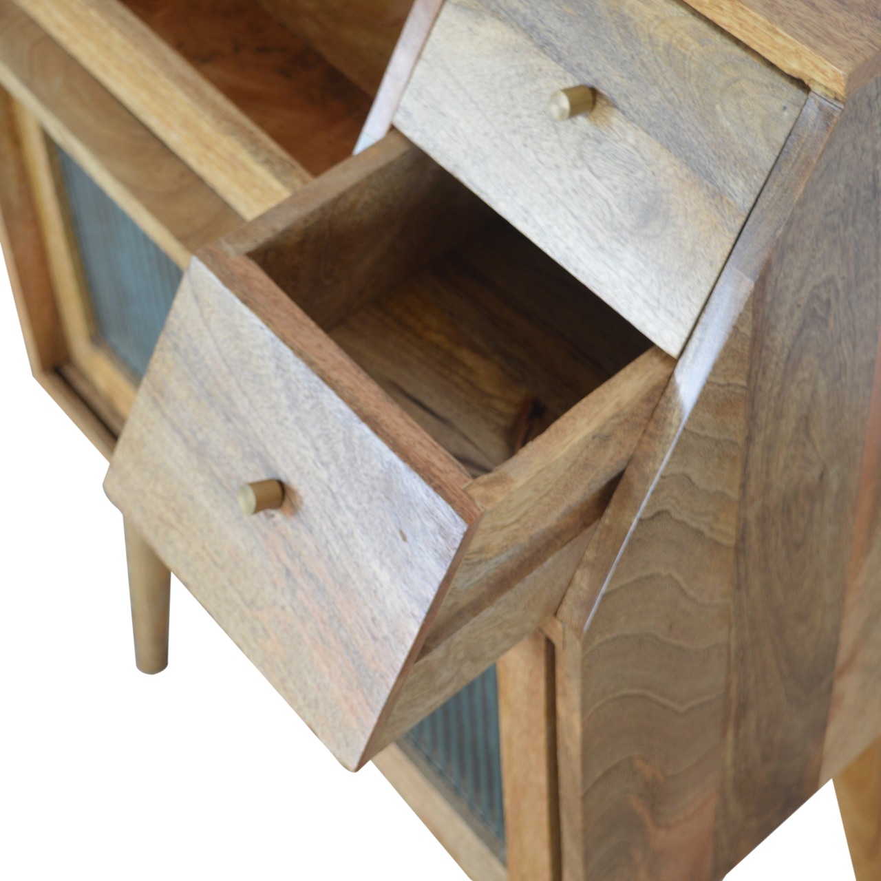 Solid Mango Wood Oak Finished 3 Drawer 2 Glass Front Doors Bedside - Image 4
