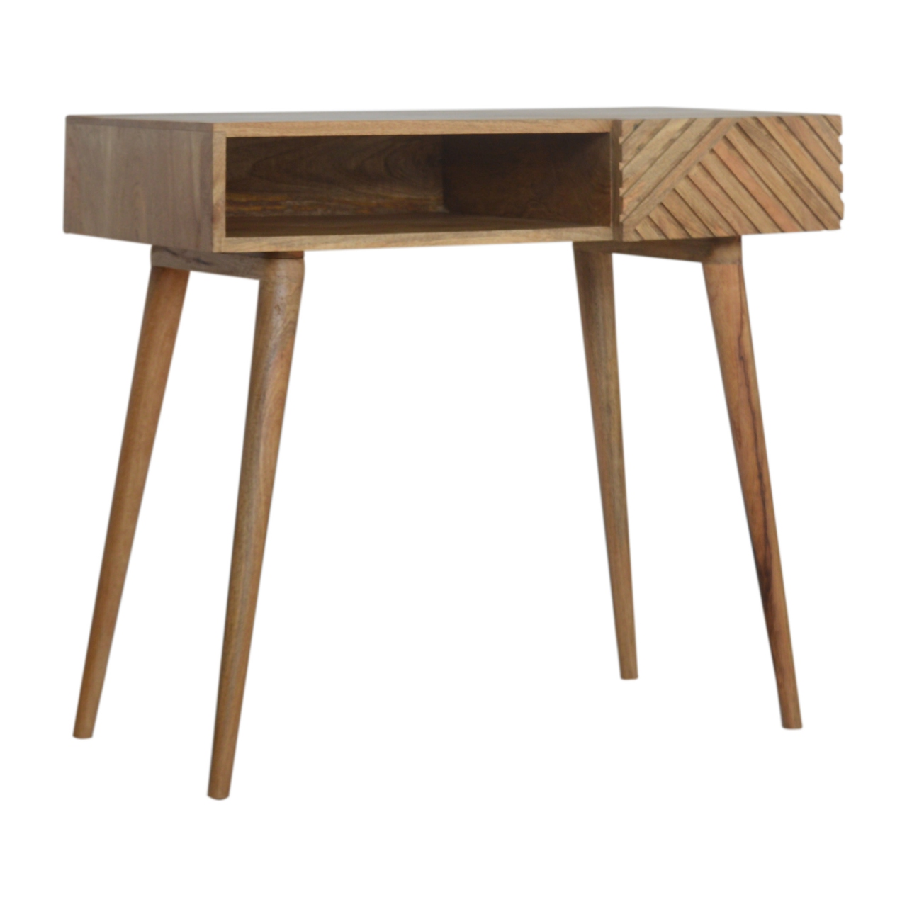 Solid Mango Wood Oak Finished Line Patterned 1 Drawer Desk