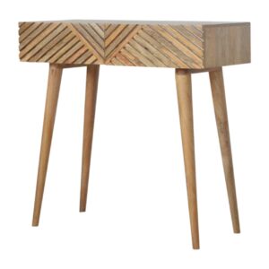 Solid Mango Wood Oak Finished Line Patterned 2 Drawer Desk