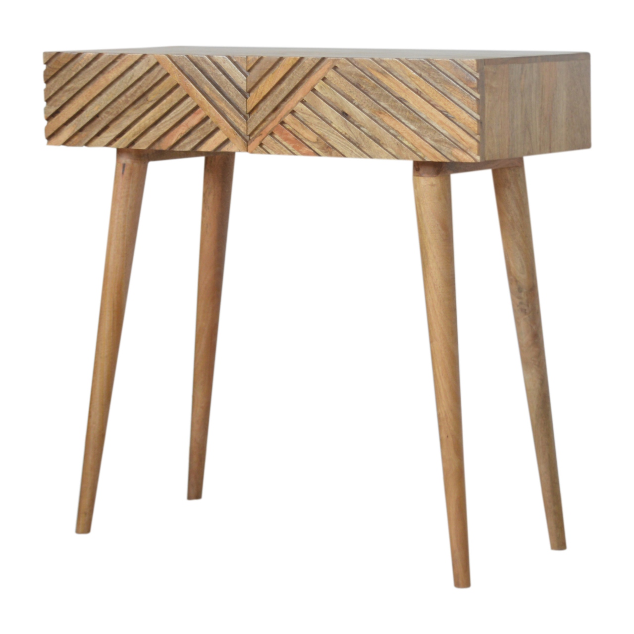 Solid Mango Wood Oak Finished Line Patterned 2 Drawer Desk