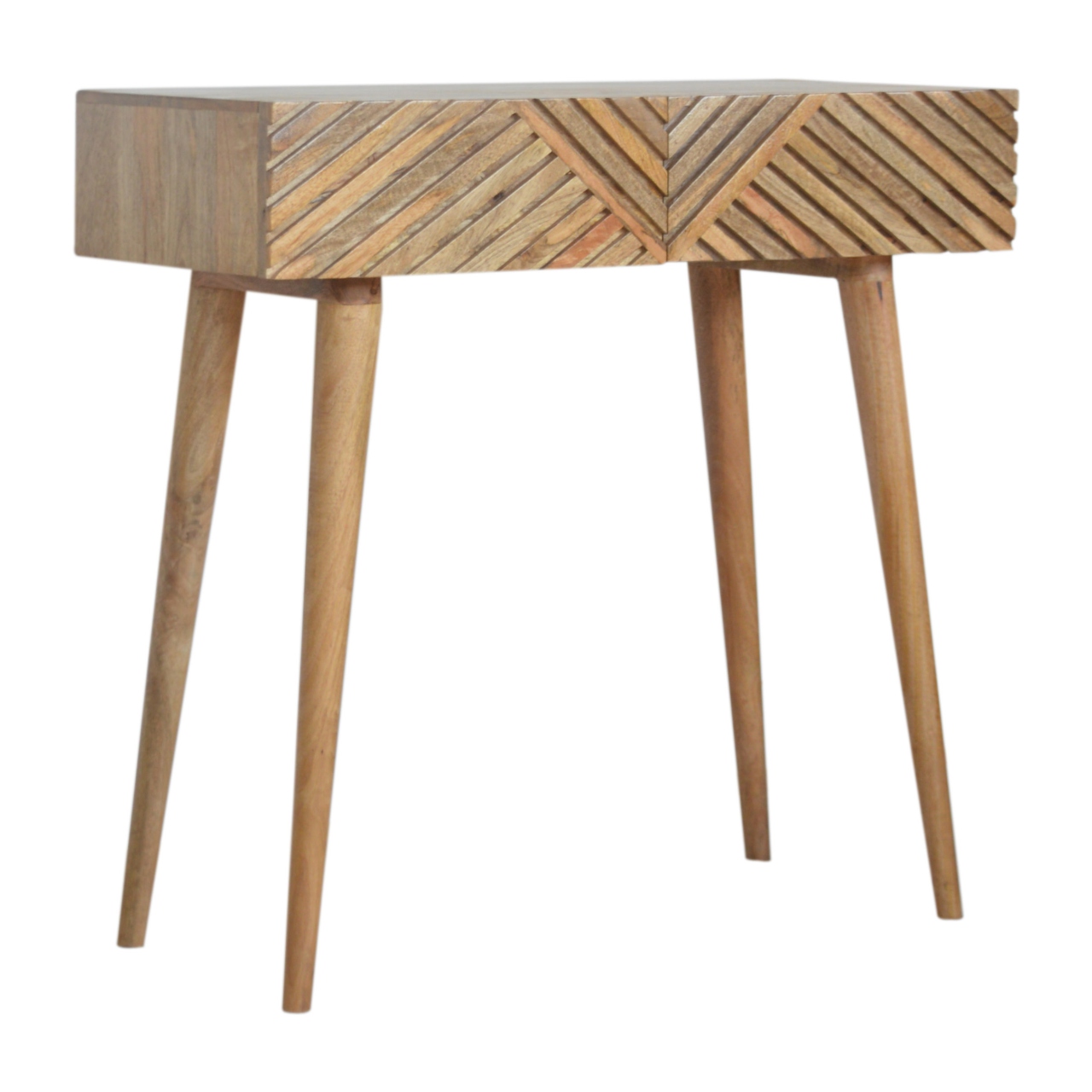 Solid Mango Wood Oak Finished Line Patterned 2 Drawer Desk - Image 2