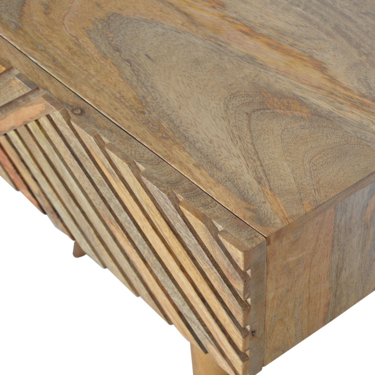 Solid Mango Wood Oak Finished Line Patterned 2 Drawer Desk - Image 3