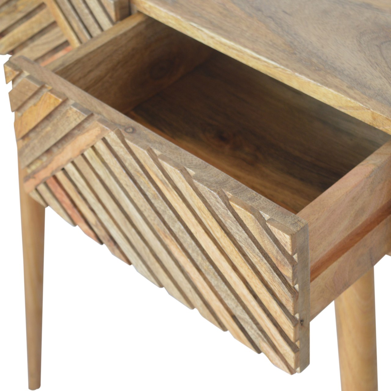 Solid Mango Wood Oak Finished Line Patterned 2 Drawer Desk - Image 4