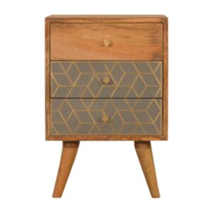 Solid Mango Wood Oak Finished  3 Drawer Dice Pattern Bedside