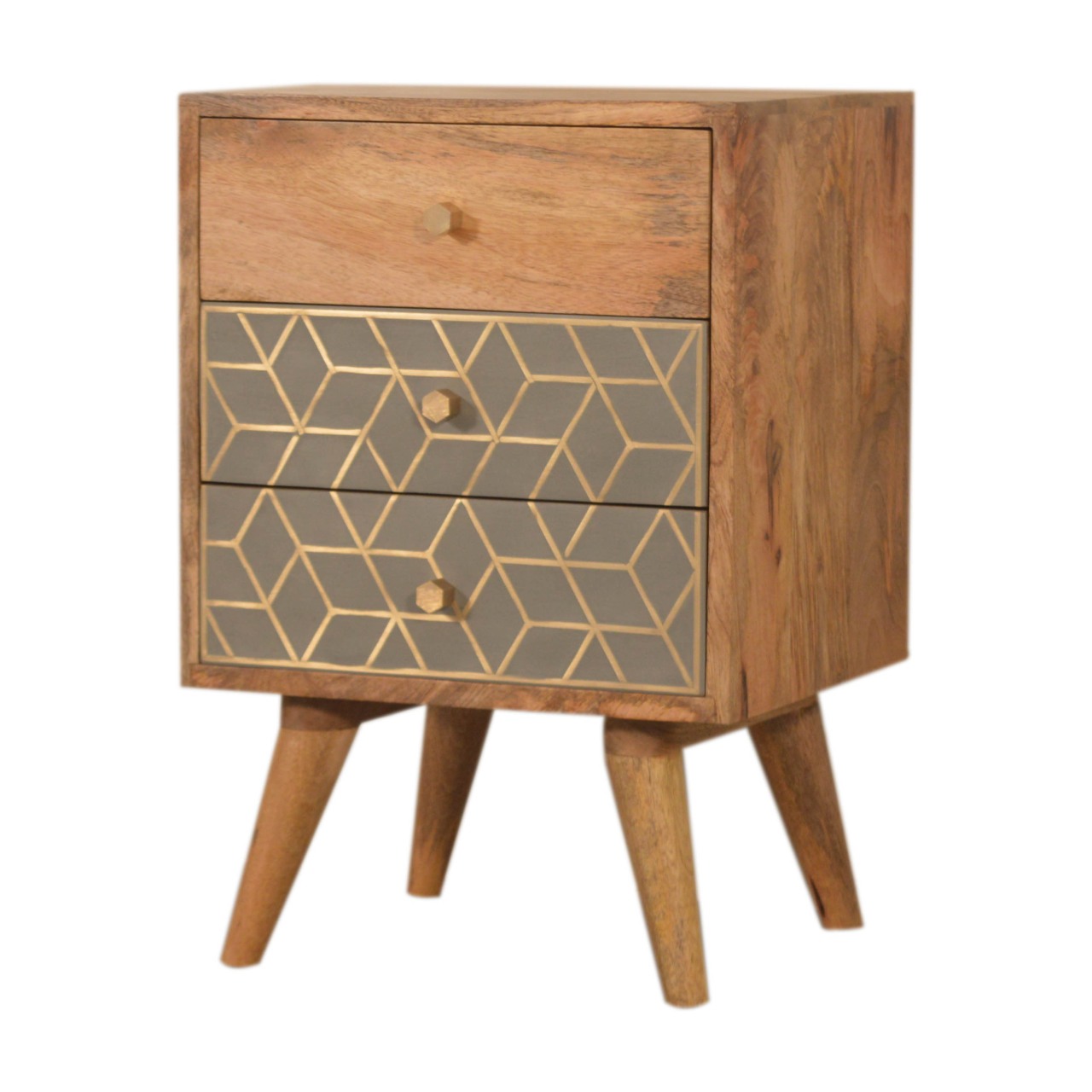 Solid Mango Wood Oak Finished 3 Drawer Dice Pattern Bedside - Image 2