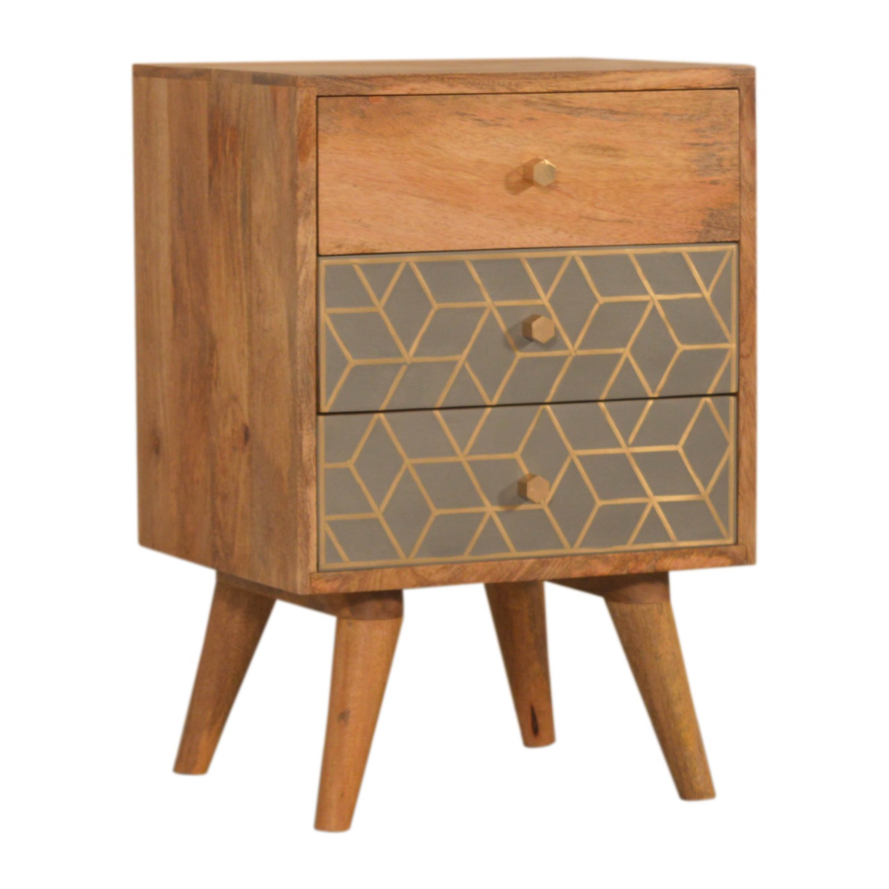 Solid Mango Wood Oak Finished 3 Drawer Dice Pattern Bedside - Image 3
