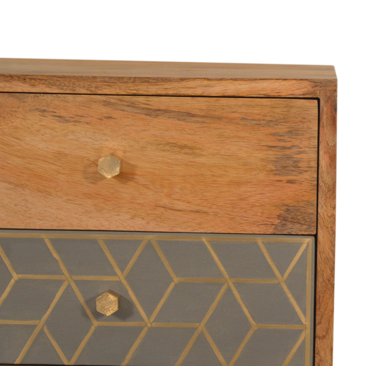 Solid Mango Wood Oak Finished 3 Drawer Dice Pattern Bedside - Image 4
