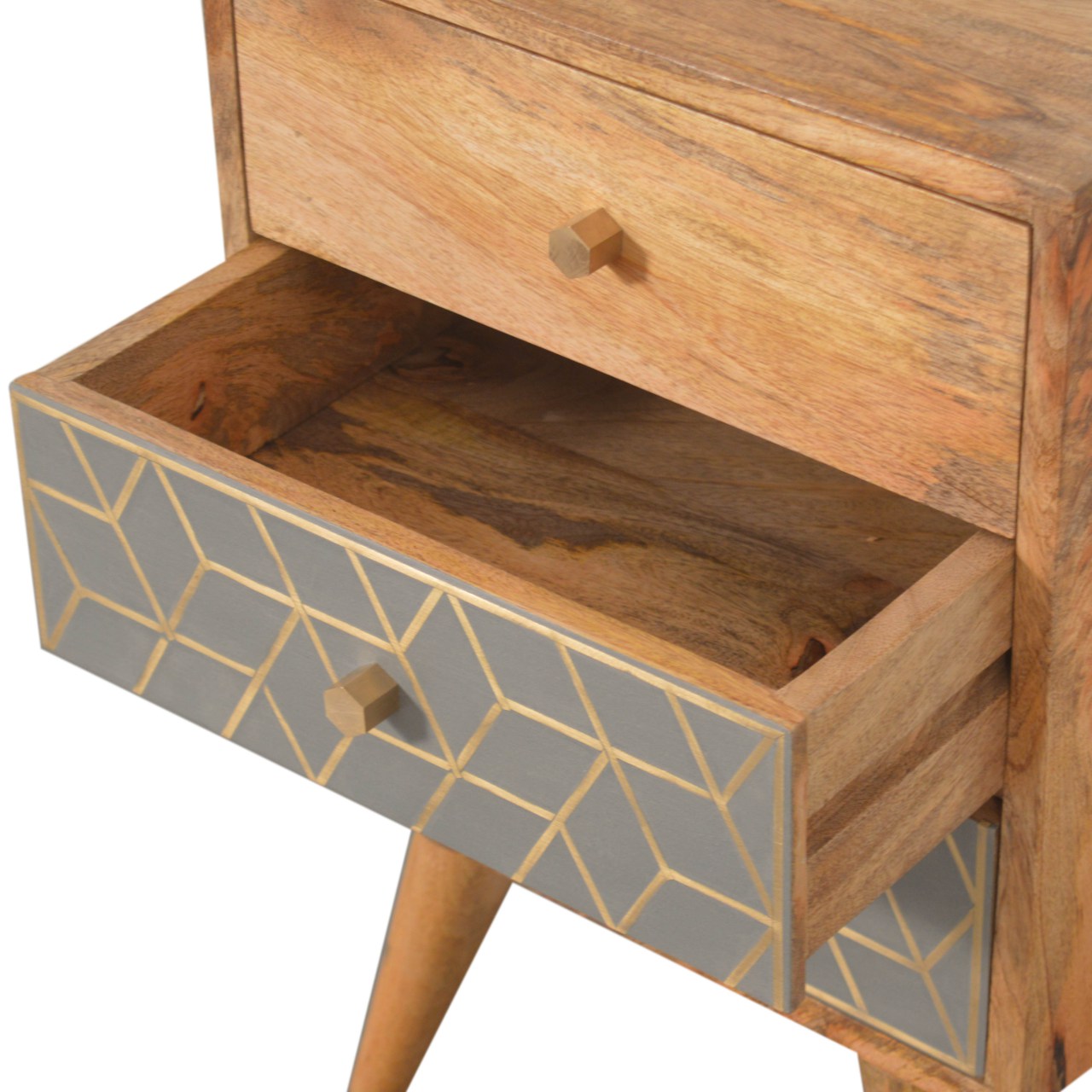 Solid Mango Wood Oak Finished 3 Drawer Dice Pattern Bedside - Image 5