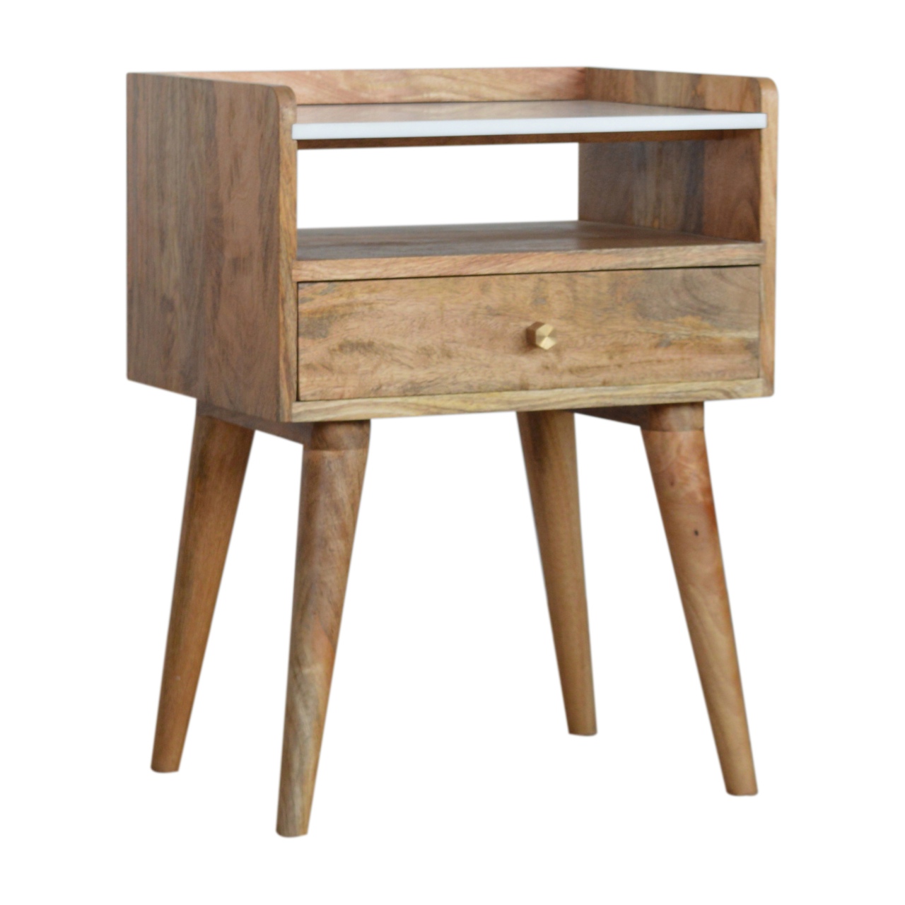 Solid Mango Wood Oak Finished 1 Drawer Open Slot Bedside with White Top - Image 3