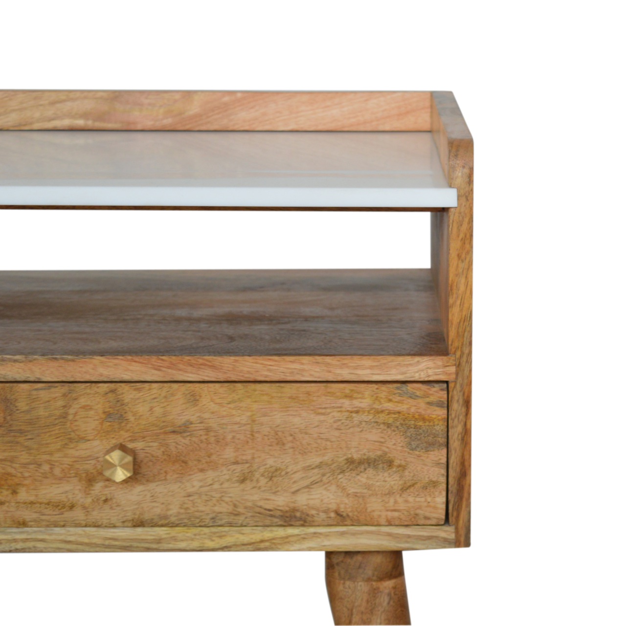 Solid Mango Wood Oak Finished 1 Drawer Open Slot Bedside with White Top - Image 4