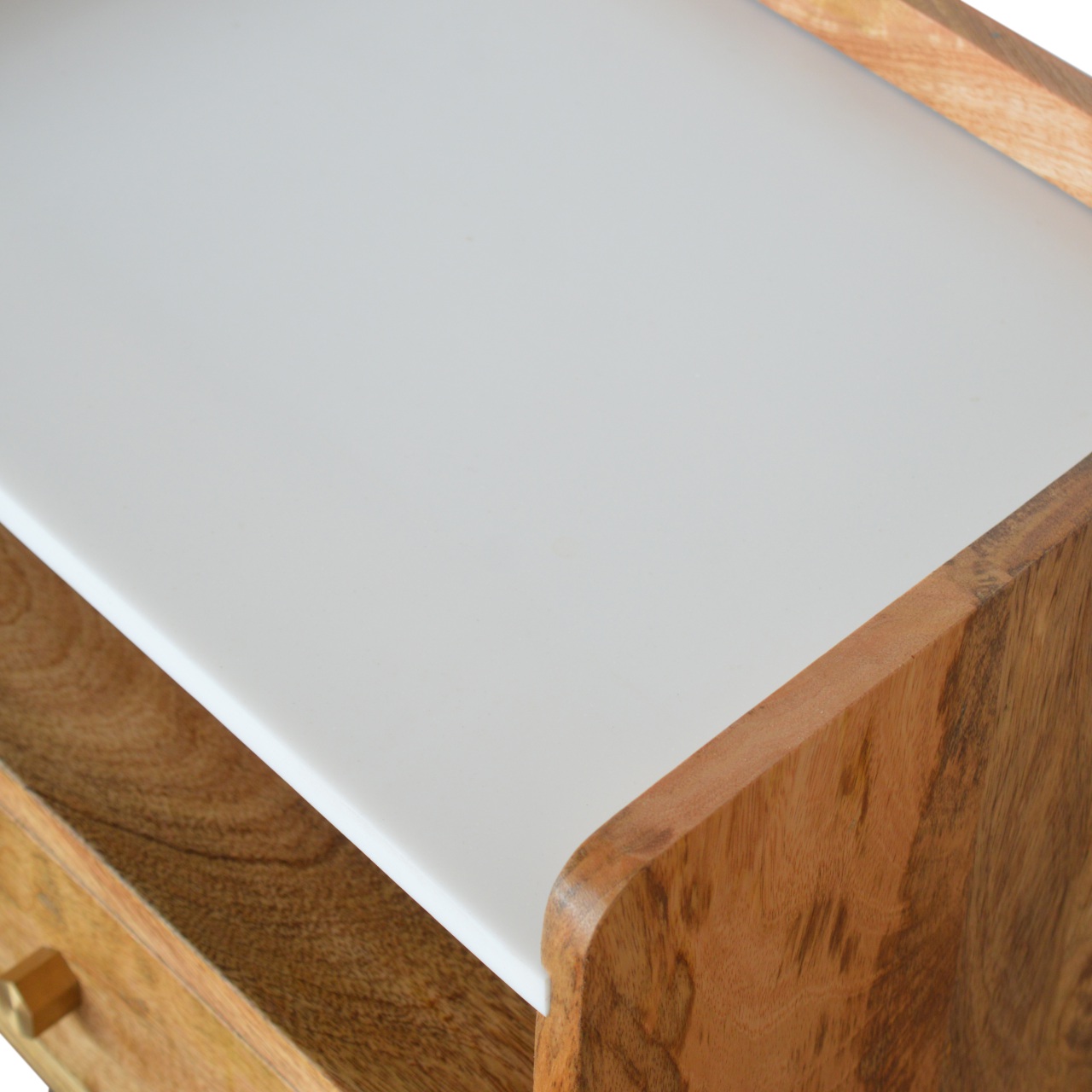 Solid Mango Wood Oak Finished 1 Drawer Open Slot Bedside with White Top - Image 5