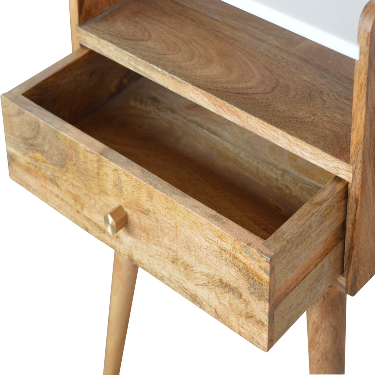 Solid Mango Wood Oak Finished 1 Drawer Open Slot Bedside with White Top - Image 7