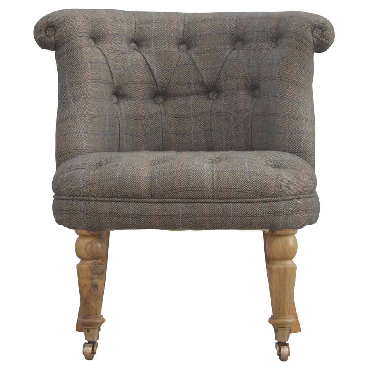 Solid Mango Wood Deep Button Upholstered Tweed Small Occasional Chair - Image 2