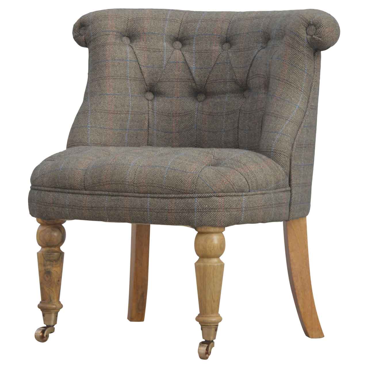 Solid Mango Wood Deep Button Upholstered Tweed Small Occasional Chair - Image 3