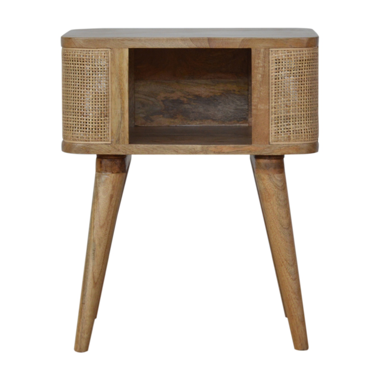 Solid Mango Wood Oak Finished Close-knit Rattan Open Slot Bedside