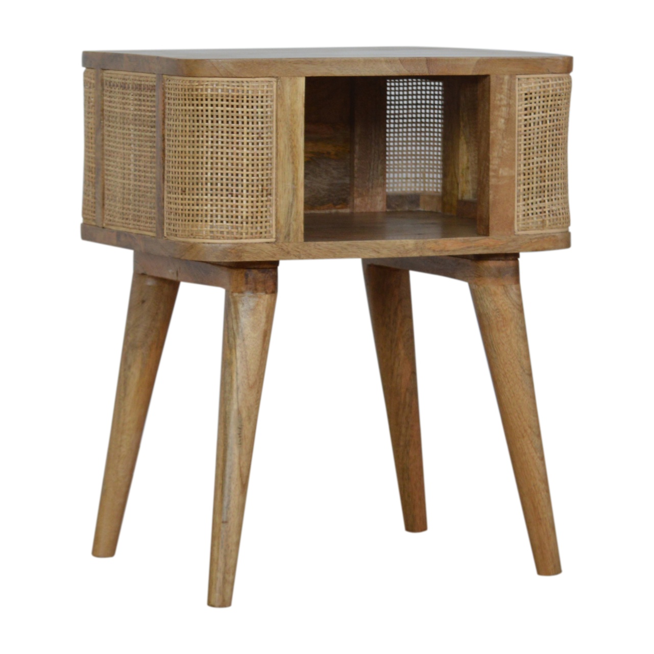 Solid Mango Wood Oak Finished Close-knit Rattan Open Slot Bedside - Image 2