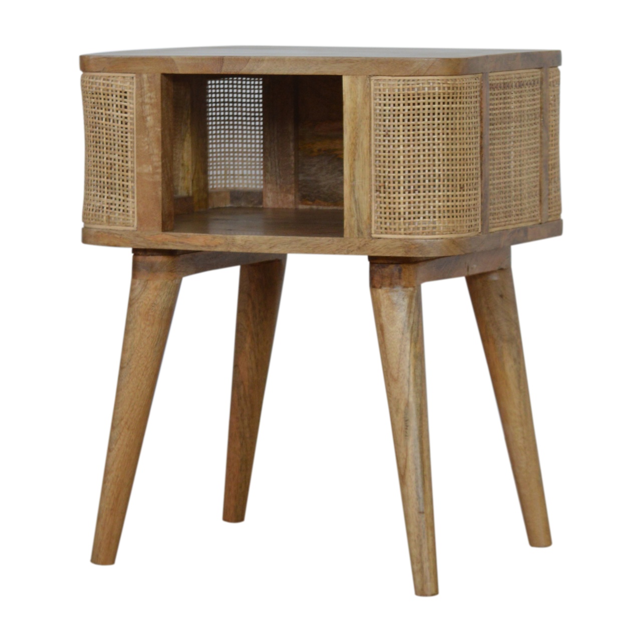 Solid Mango Wood Oak Finished Close-knit Rattan Open Slot Bedside - Image 3