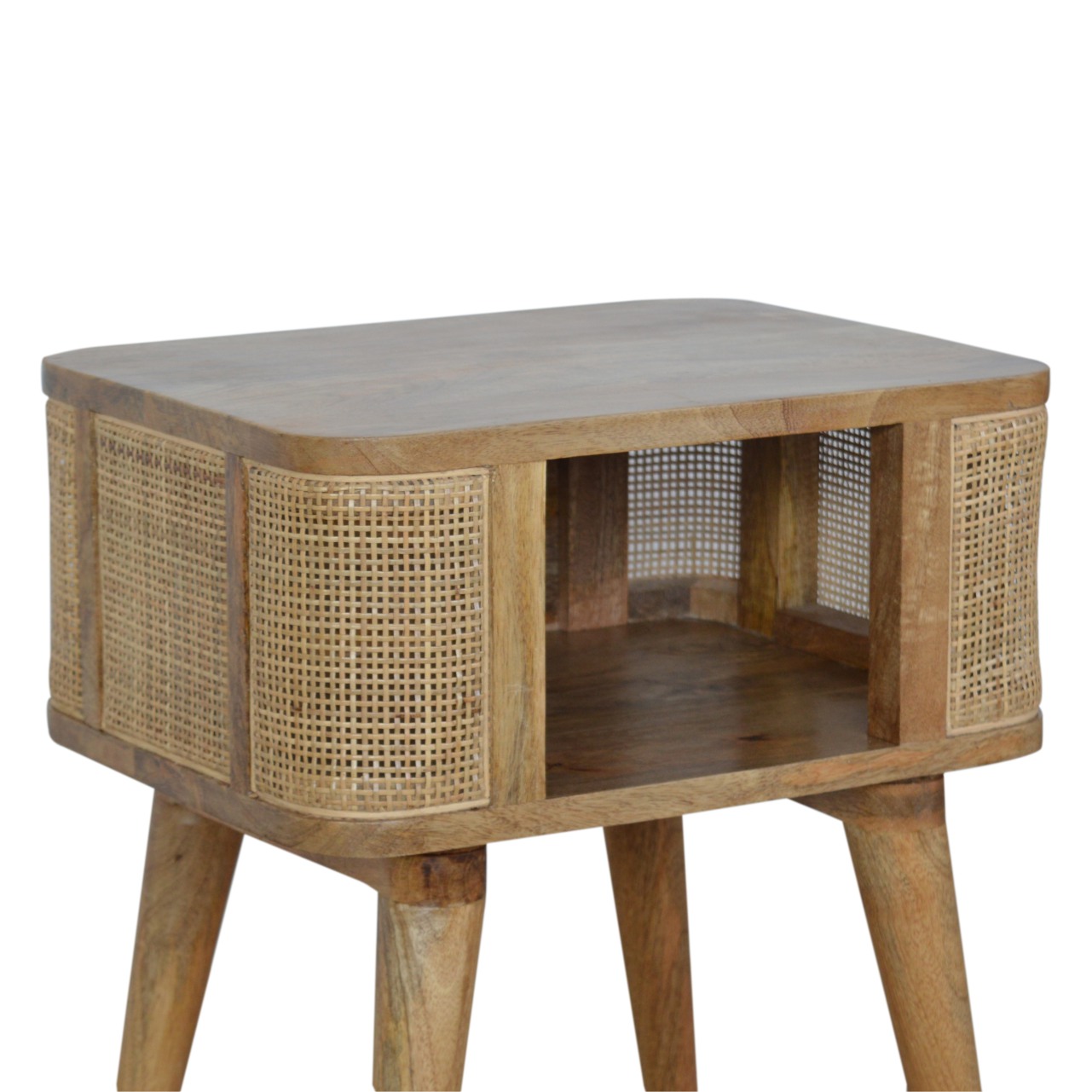 Solid Mango Wood Oak Finished Close-knit Rattan Open Slot Bedside - Image 5