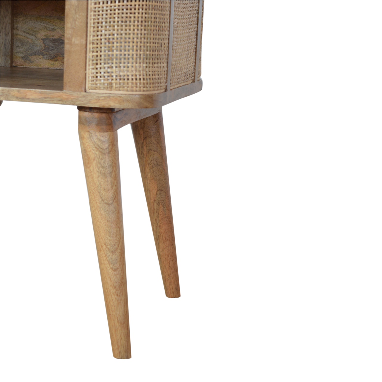 Solid Mango Wood Oak Finished Close-knit Rattan Open Slot Bedside - Image 6