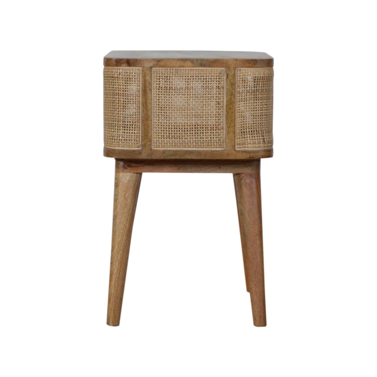 Solid Mango Wood Oak Finished Close-knit Rattan Open Slot Bedside - Image 8