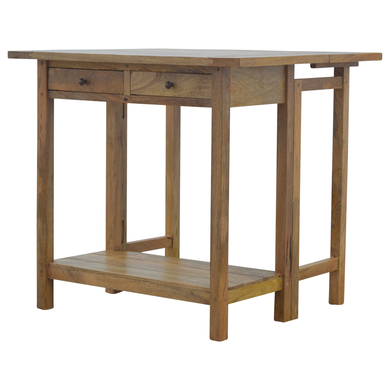 Solid Mango Wood Oak Finished 2 Drawer Breakfast Table With 2 Stools - Image 7