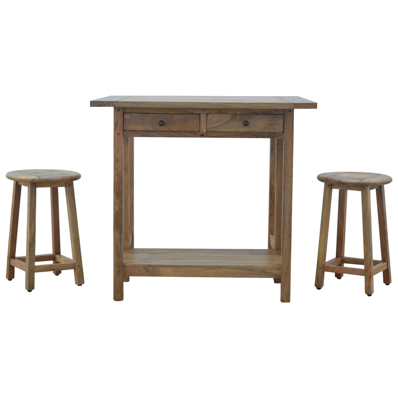 Solid Mango Wood Oak Finished 2 Drawer Breakfast Table With 2 Stools - Image 4