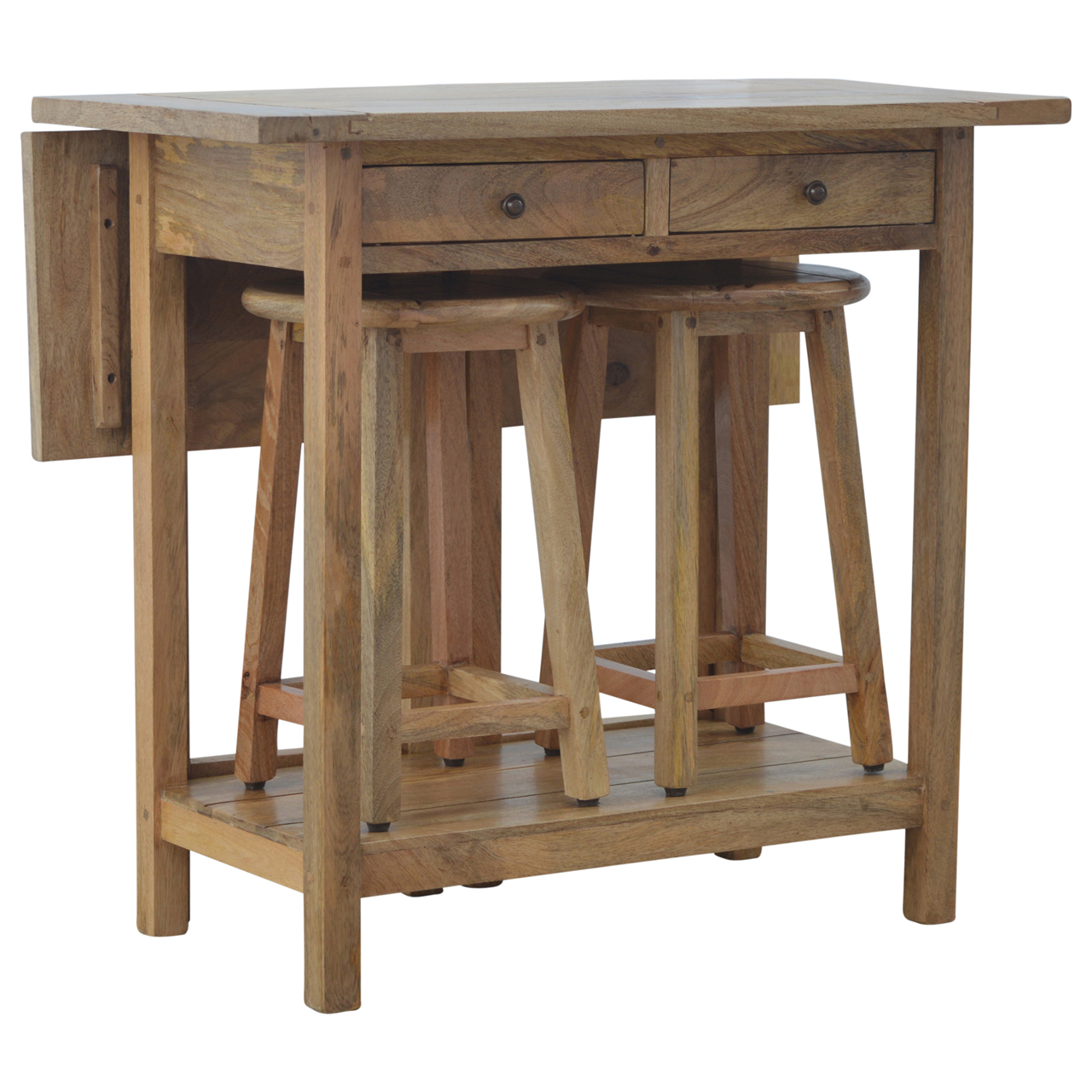 Solid Mango Wood Oak Finished 2 Drawer Breakfast Table With 2 Stools - Image 5
