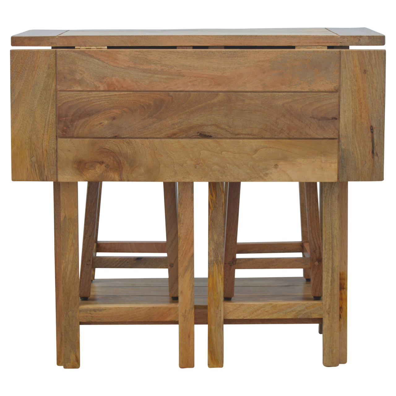 Solid Mango Wood Oak Finished 2 Drawer Breakfast Table With 2 Stools - Image 6