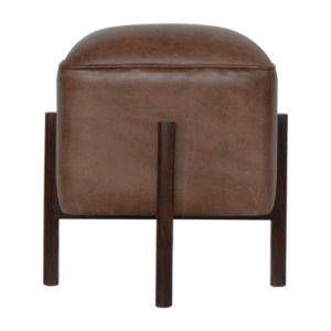 Solid Mango Wood Brown Leather Footstool with Four Walnut Finished Legs