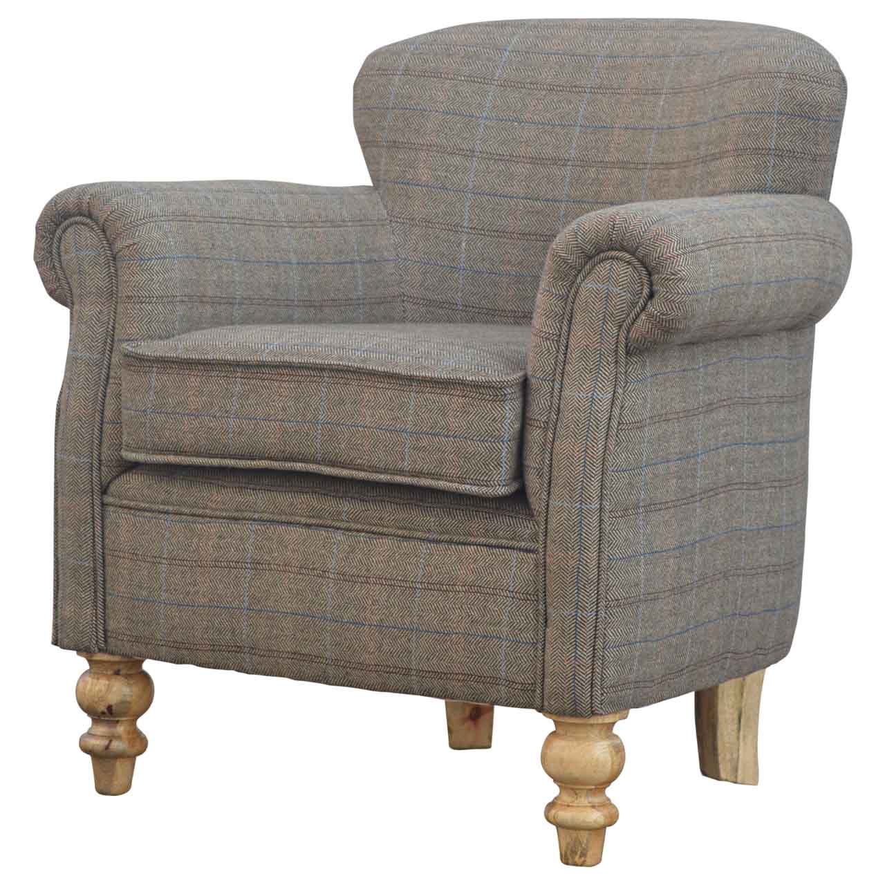 Solid Mango Wood Oak Finished Multi-Tweed Upholstered Armchair