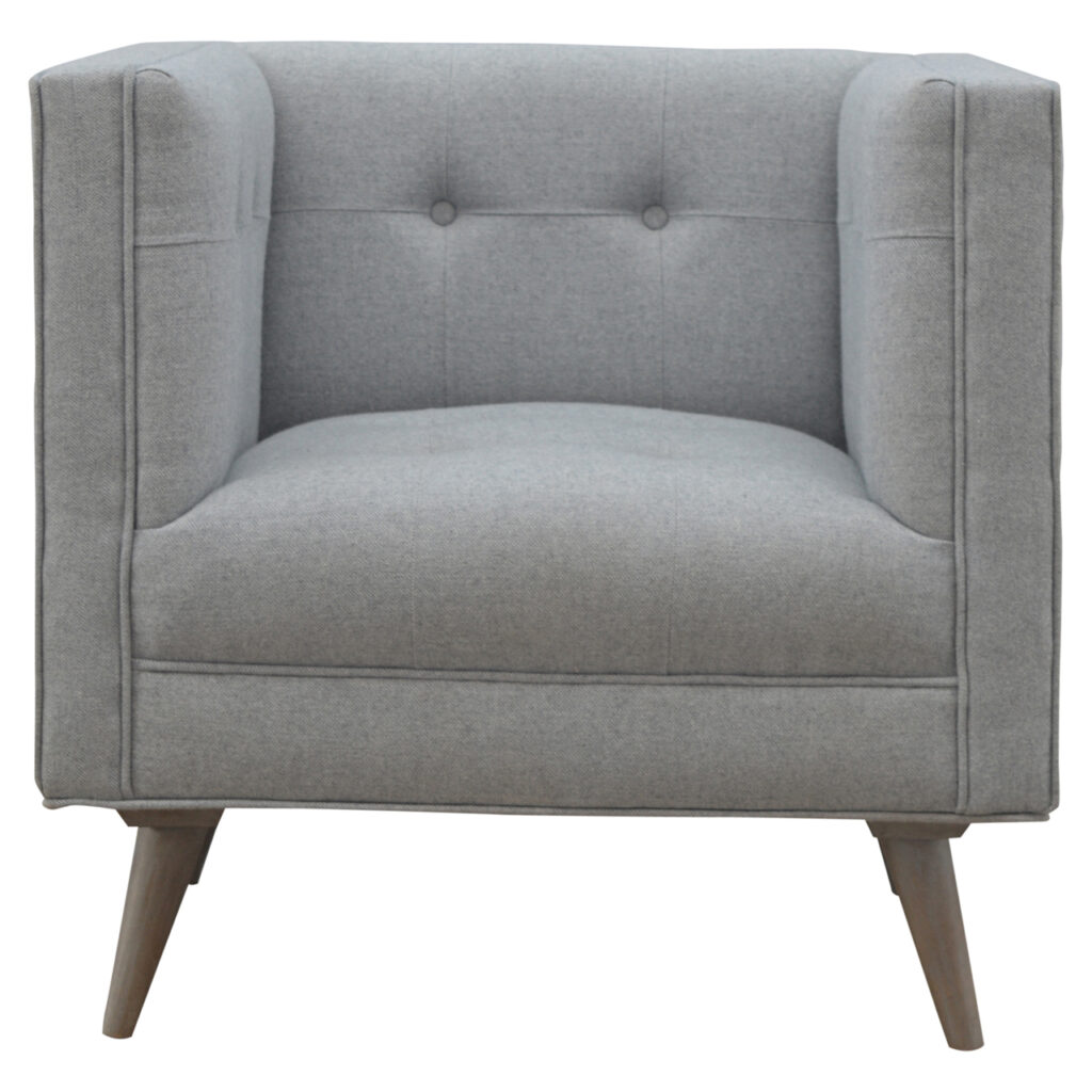 Solid Mango Wood Grey Tweed Upholstered Armchair with Hand Painted Feet