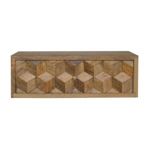 Solid Mango Wood Oak Finished 1 Drawer Floating Cube Carved Bedside