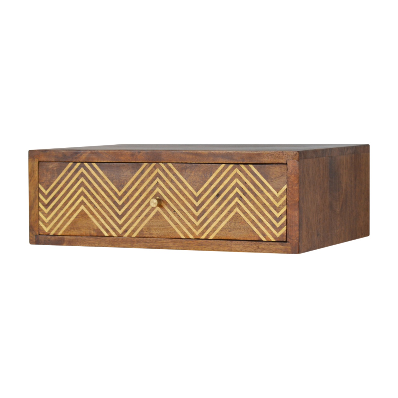 Solid Mango Wood Chestnut Finished Wall Mounted Chevron Pattern Bedside - Image 2