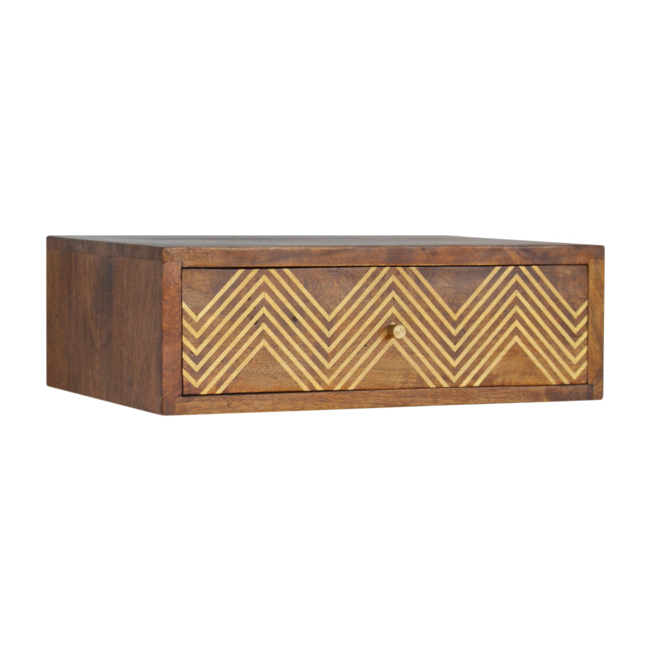 Solid Mango Wood Chestnut Finished Wall Mounted Chevron Pattern Bedside - Image 3