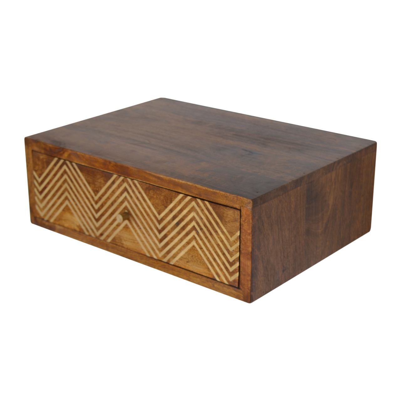 Solid Mango Wood Chestnut Finished Wall Mounted Chevron Pattern Bedside - Image 5