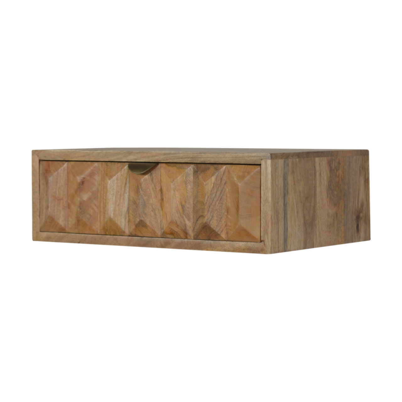 Solid Mango Wood Oak Finished 1 Drawer Wall Mounted Prism Bedside - Image 3