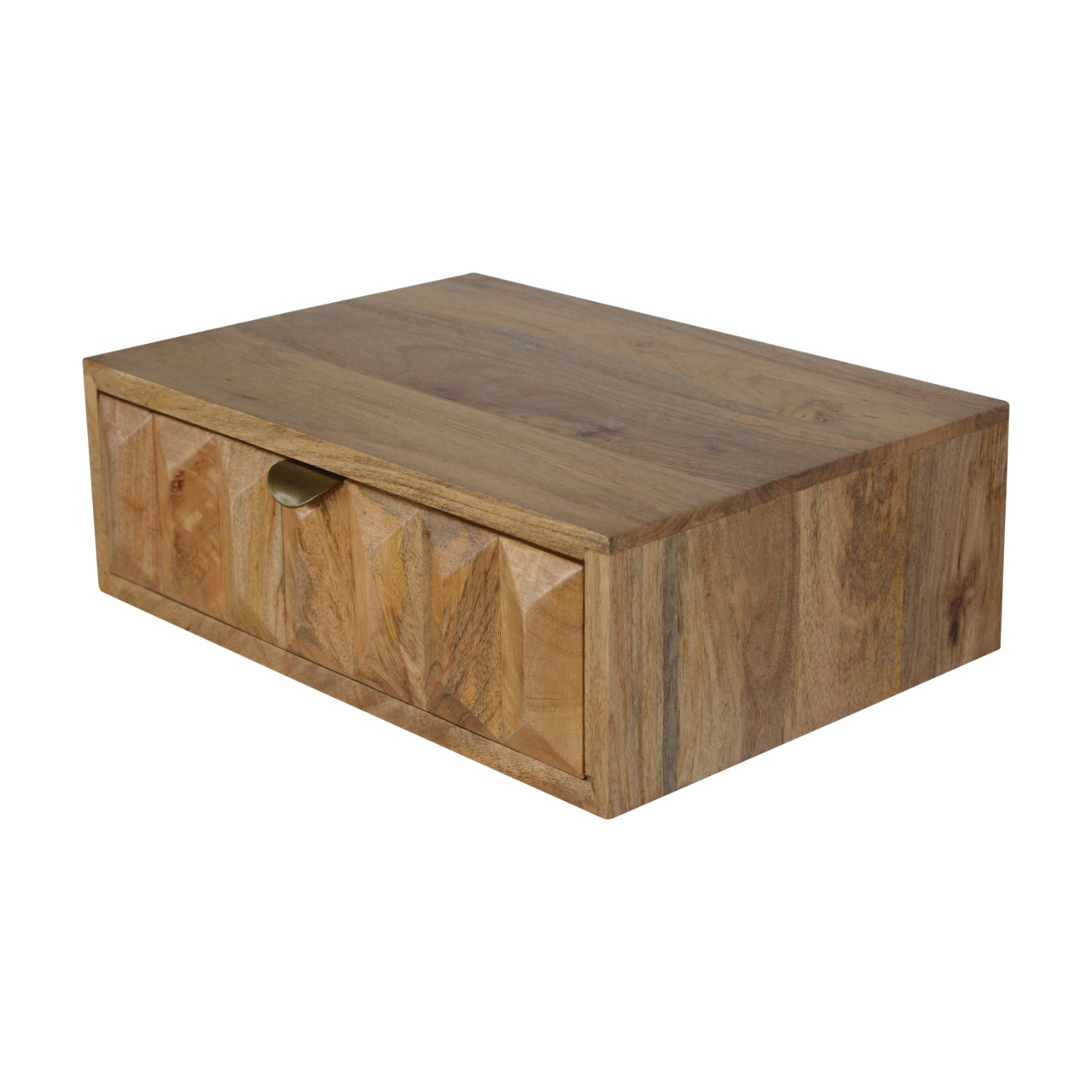 Solid Mango Wood Oak Finished 1 Drawer Wall Mounted Prism Bedside - Image 5