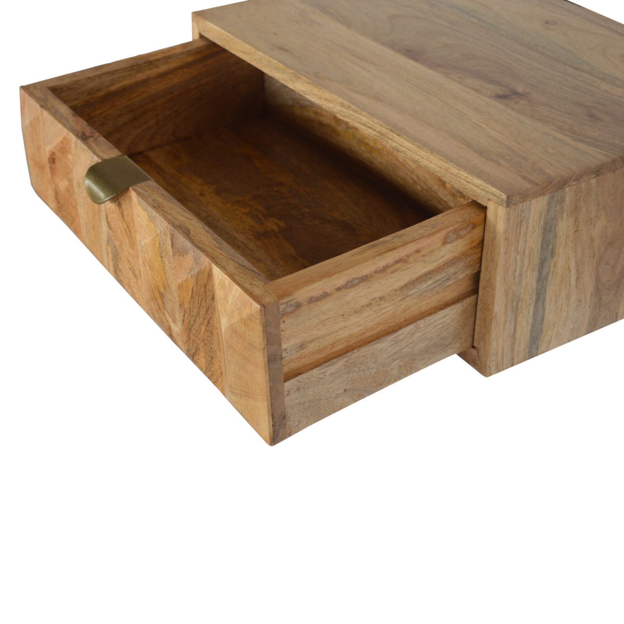 Solid Mango Wood Oak Finished 1 Drawer Wall Mounted Prism Bedside - Image 6