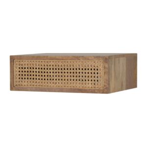 Solid Mango Wood Oak Finished 1 Ratten Drawer Wall Mounted Bedside