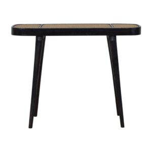 Solid Mango Wood Carbon Black Framed Rattan Topped Round Cornered Console Table