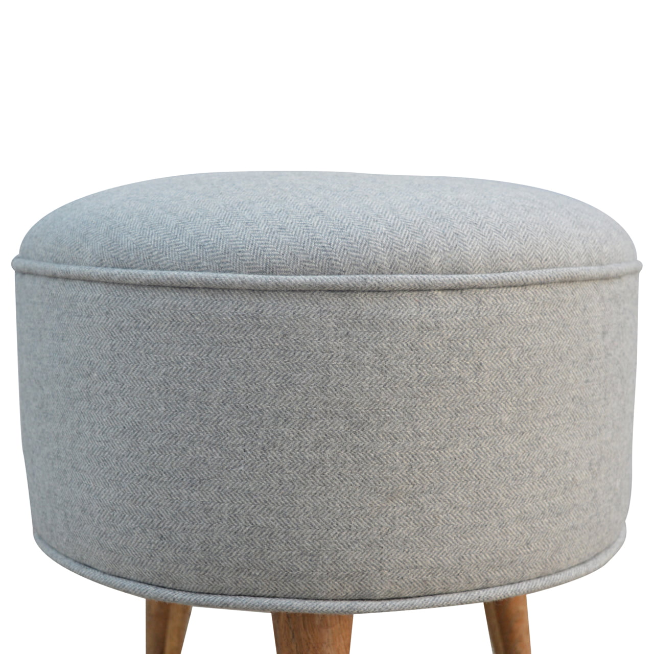 Solid Mango Wood Scandinavian Style Grey Tweed Round Footstool - Image 2