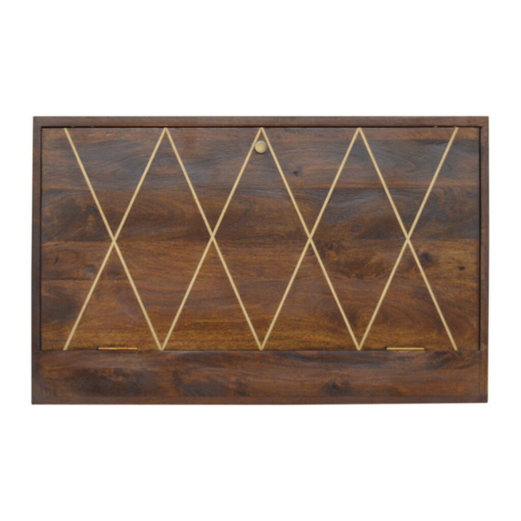 Solid Mango Wood Chestnut Finished 3 Shelf Geo Brass Pattern Flip Down Writing Desk