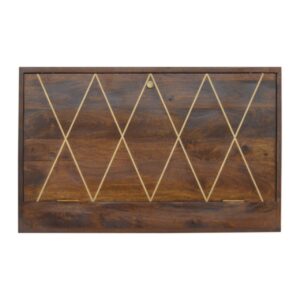 Solid Mango Wood Chestnut Finished 3 Shelf Geo Brass Pattern Flip Down Writing Desk
