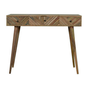Solid Mango Wood Oak Finished 3 Drawer 1 Hidden Mirror Line Carved Foldable Dressing Table