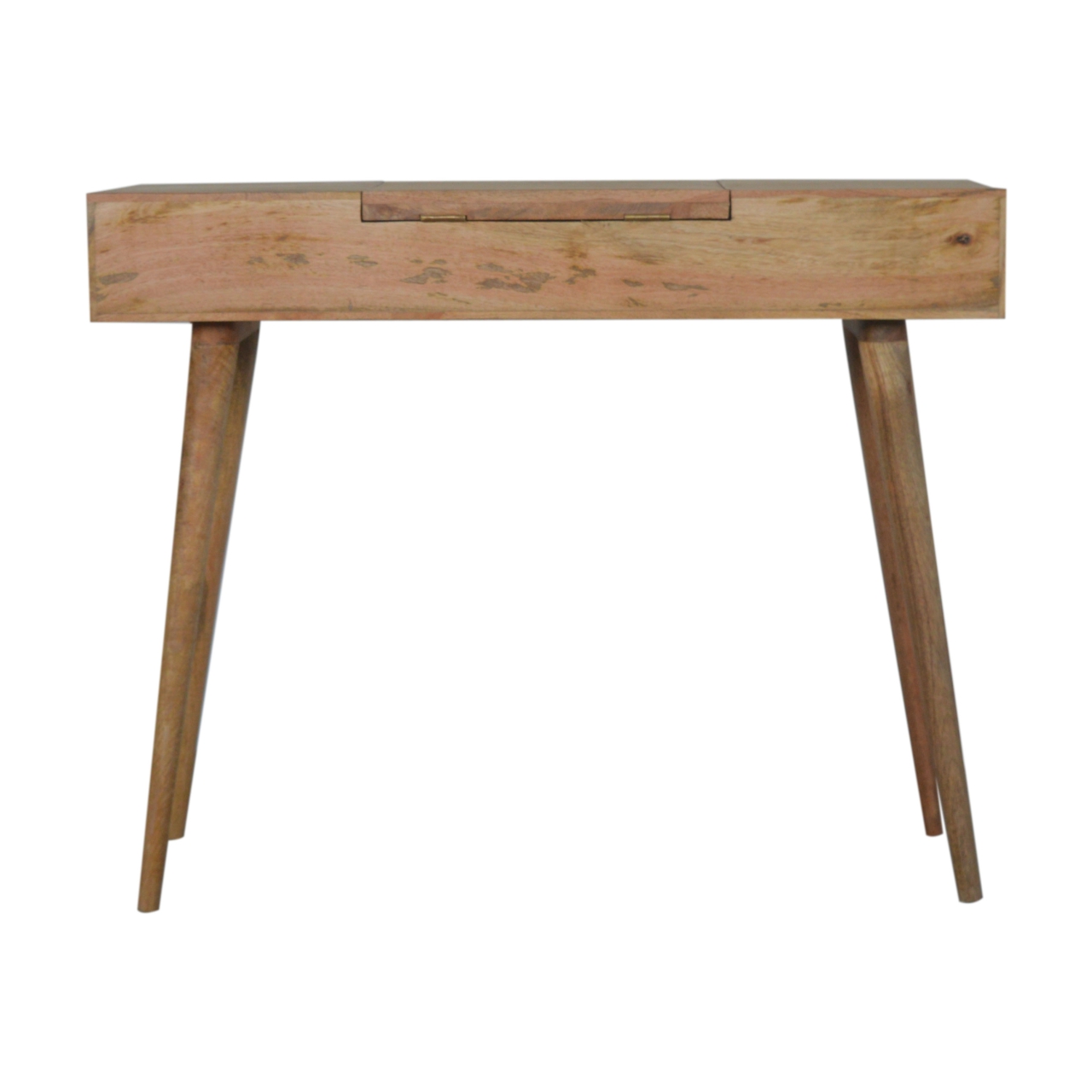 Solid Mango Wood Oak Finished 3 Drawer 1 Hidden Mirror Line Carved Foldable Dressing Table - Image 10