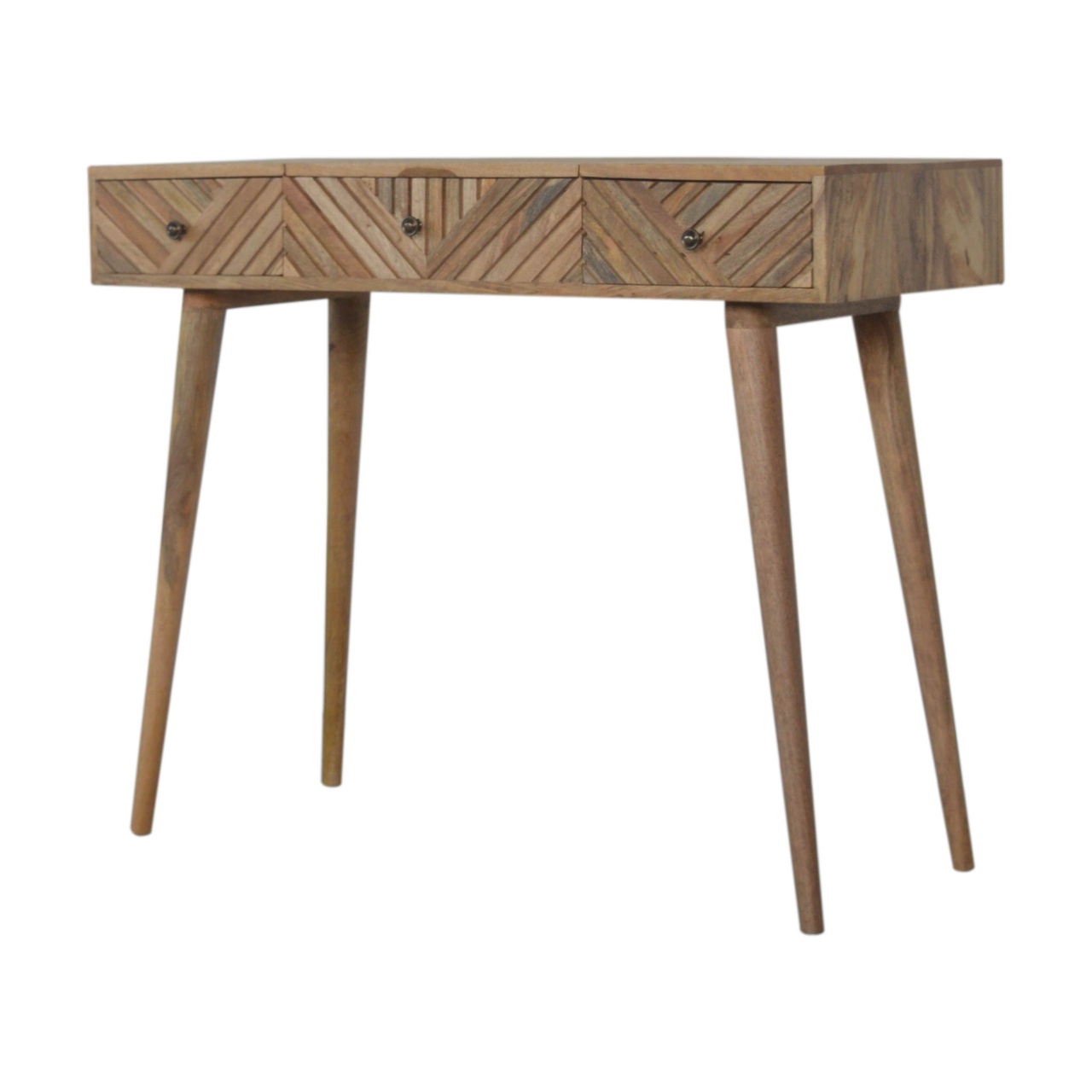 Solid Mango Wood Oak Finished 3 Drawer 1 Hidden Mirror Line Carved Foldable Dressing Table - Image 3